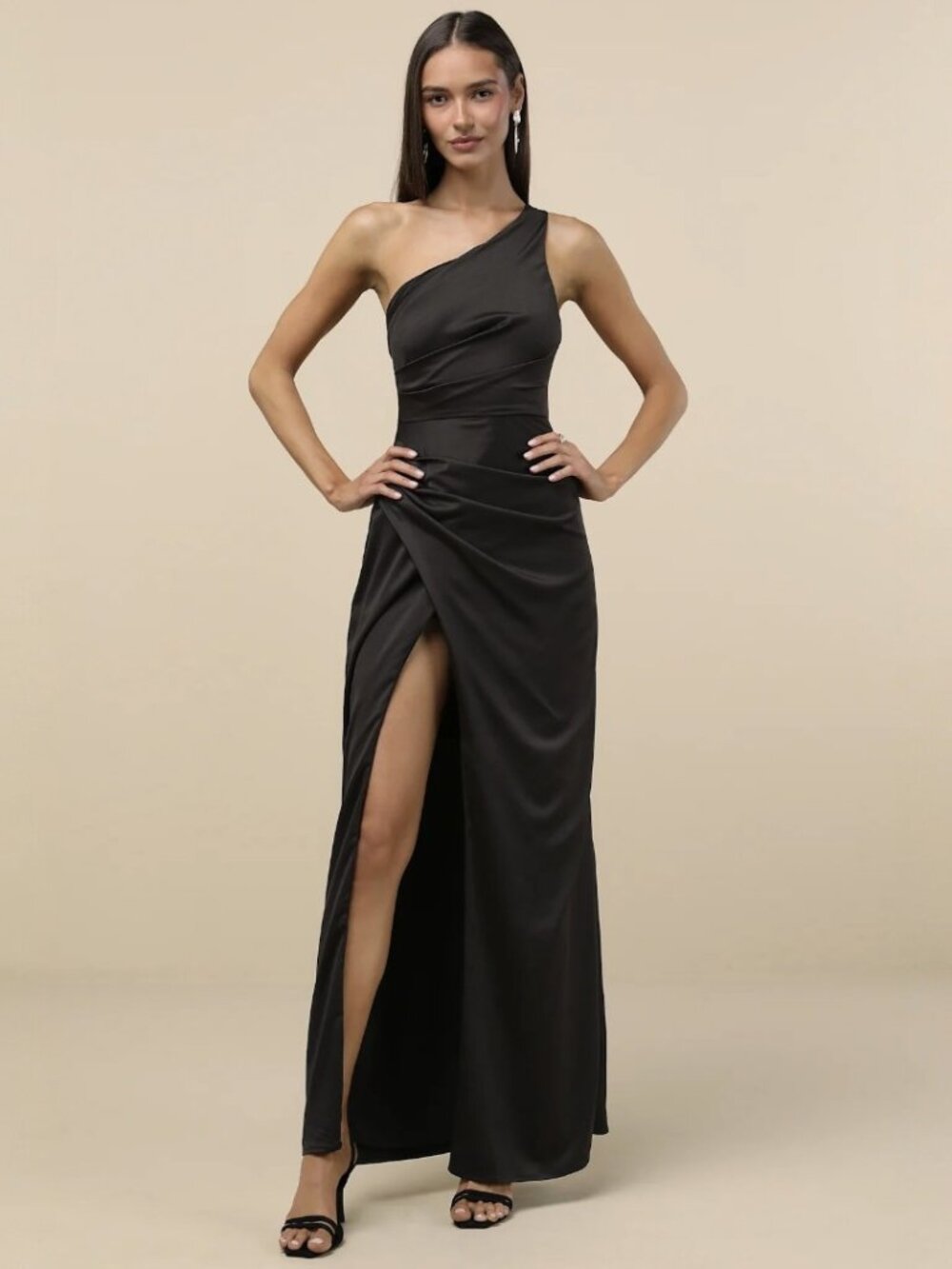 Lulus Dreaming of Elegance Black Satin One-Shoulder Maxi Dress NWT